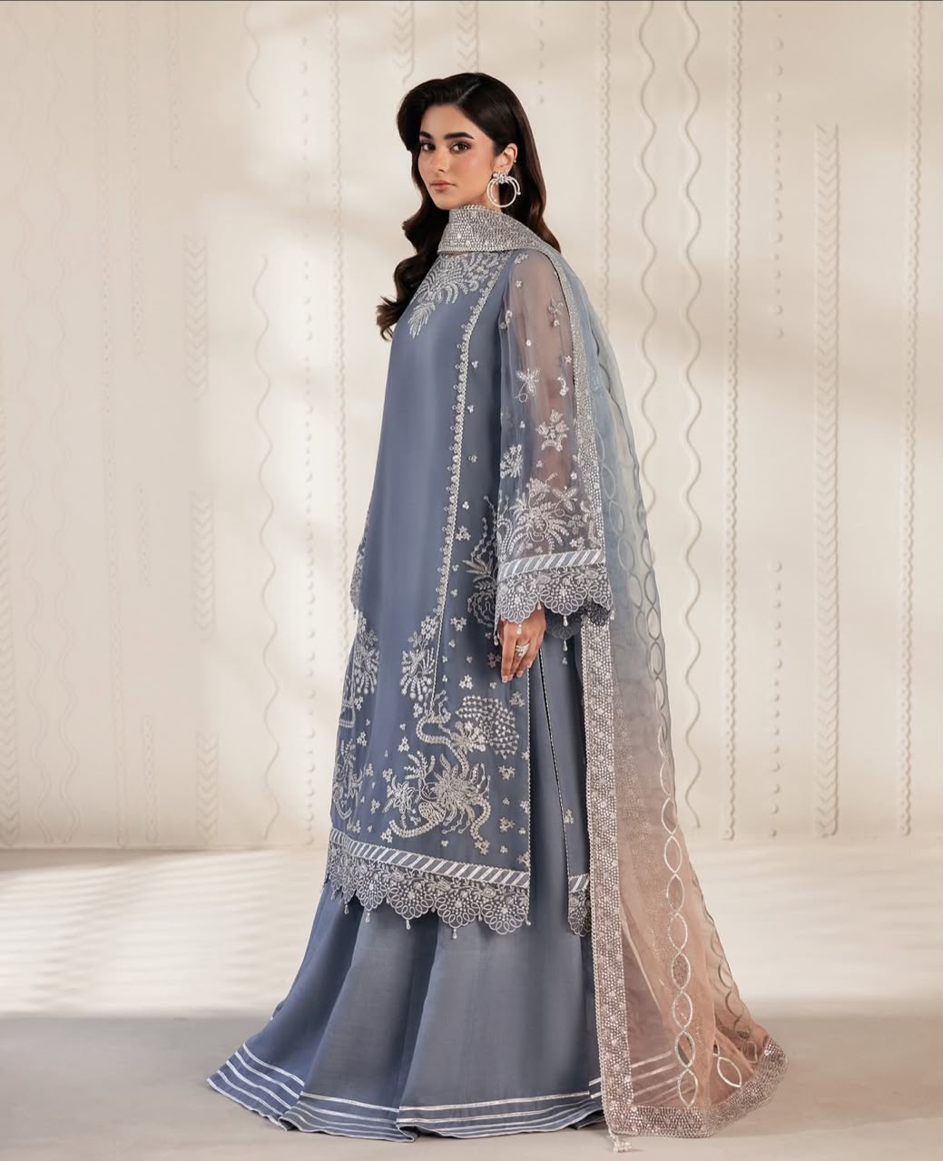 Organza Silver Embroidered Unstitched 3 Piece Suit with Ombre Net Dupatta, Slate Blue