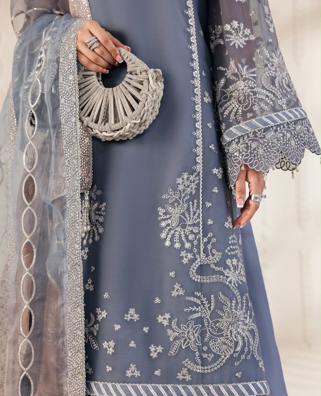 Organza Silver Embroidered Unstitched 3 Piece Suit with Ombre Net Dupatta, Slate Blue (view 2)