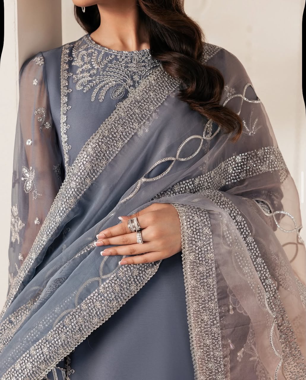 Organza Silver Embroidered Unstitched 3 Piece Suit with Ombre Net Dupatta, Slate Blue (view 3)