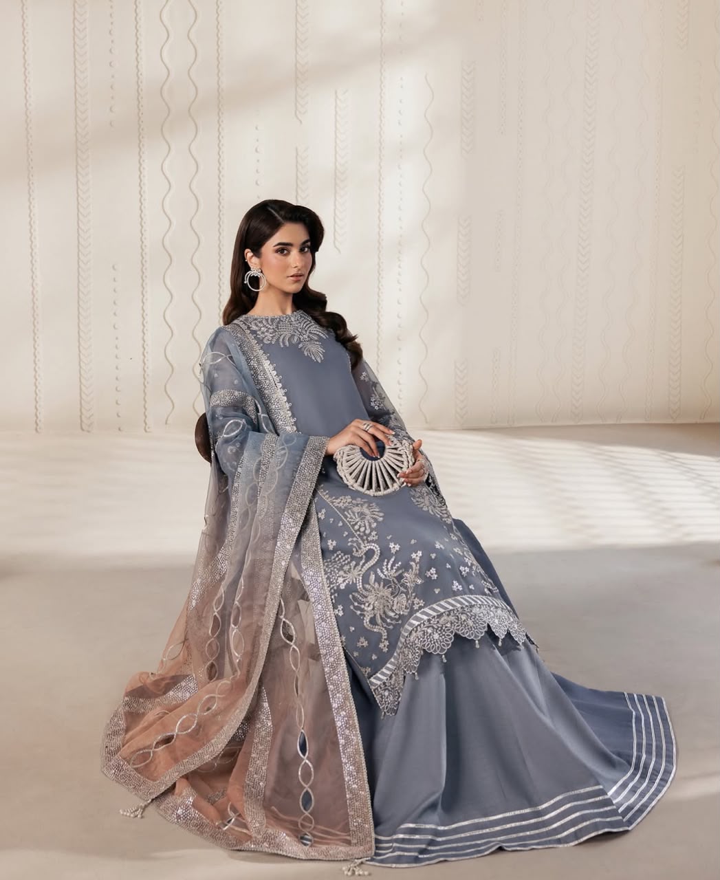 Organza Silver Embroidered Unstitched 3 Piece Suit with Ombre Net Dupatta, Slate Blue (view 4)