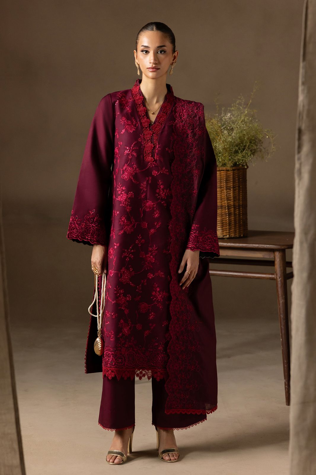 Rajbari 1224 – Premium Airjet Dhanak Suit with Embroidered Dhanak Shawl, Burgundy