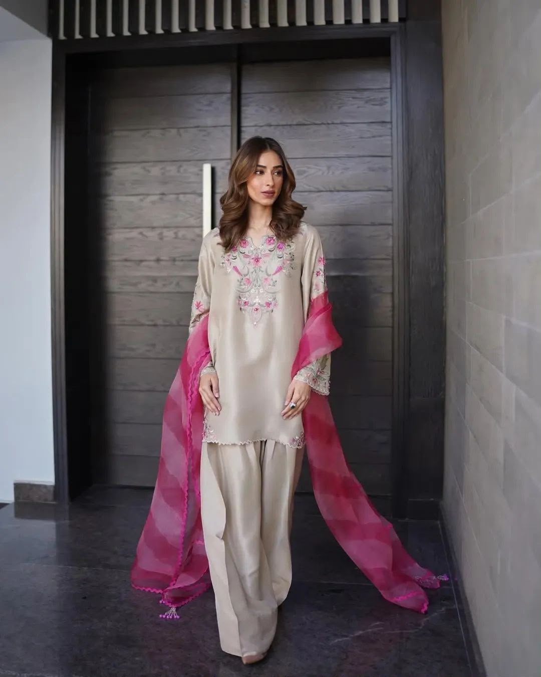 Silk Embroidered Unstitched 3 Piece Suit with Ombre Organza Dupatta, Champagne