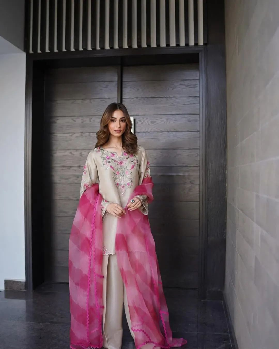 Silk Embroidered Unstitched 3 Piece Suit with Ombre Organza Dupatta, Champagne (view 2)
