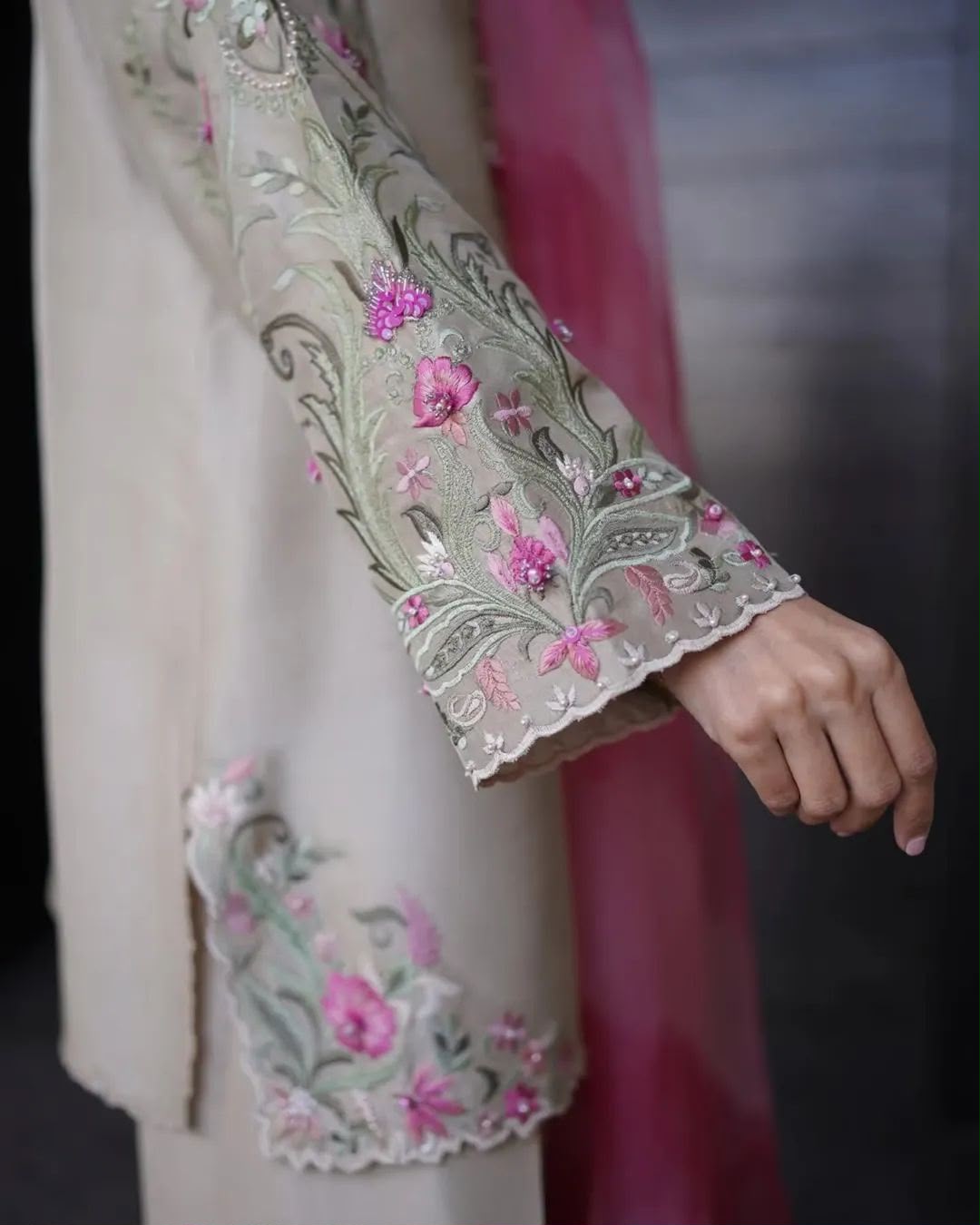 Silk Embroidered Unstitched 3 Piece Suit with Ombre Organza Dupatta, Champagne (view 3)