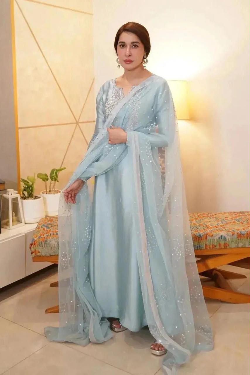 Silk Embroidered Unstitched 3 Piece Suit with Sequin Net Dupatta, Powder Blue