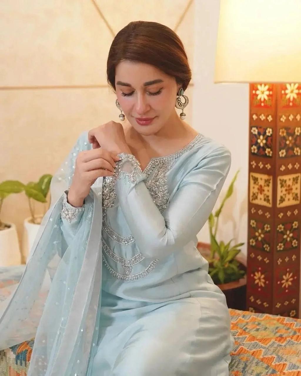 Silk Embroidered Unstitched 3 Piece Suit with Sequin Net Dupatta, Powder Blue (view 2)