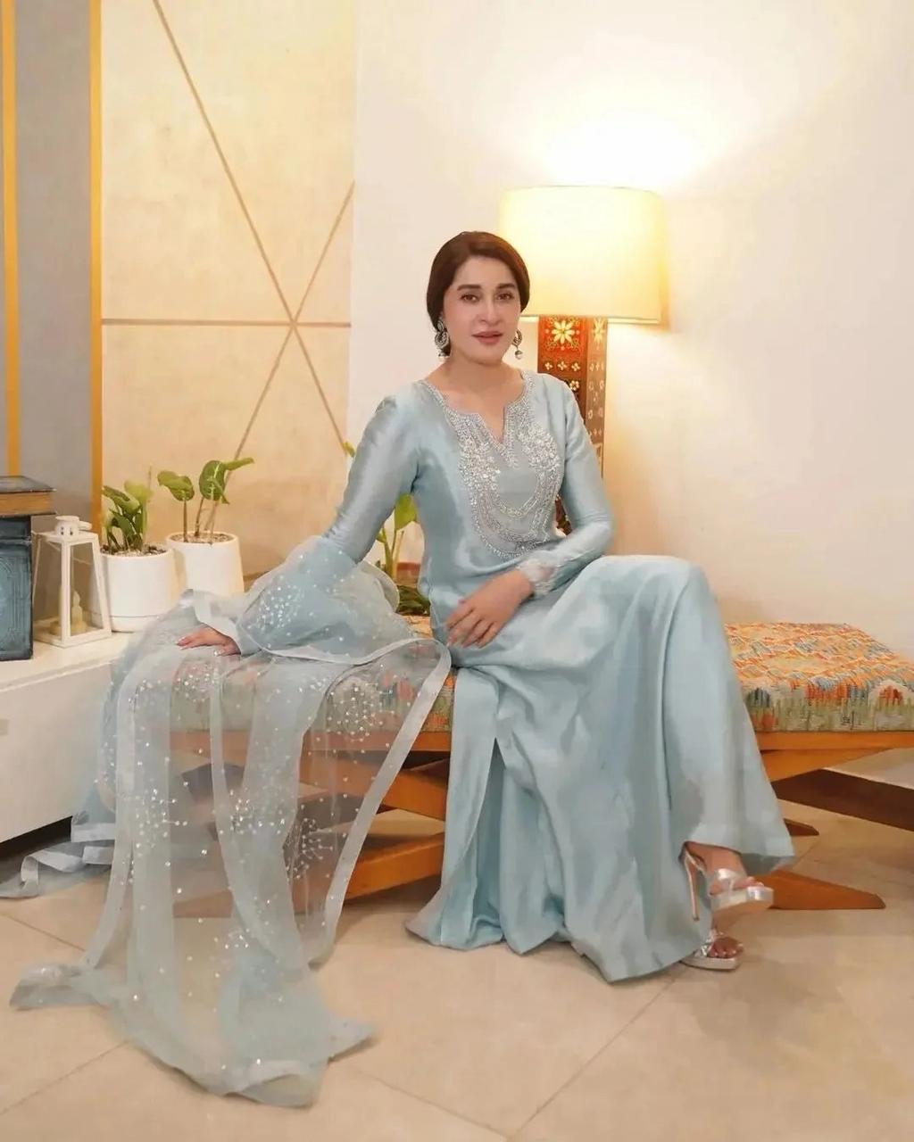 Silk Embroidered Unstitched 3 Piece Suit with Sequin Net Dupatta, Powder Blue (view 3)