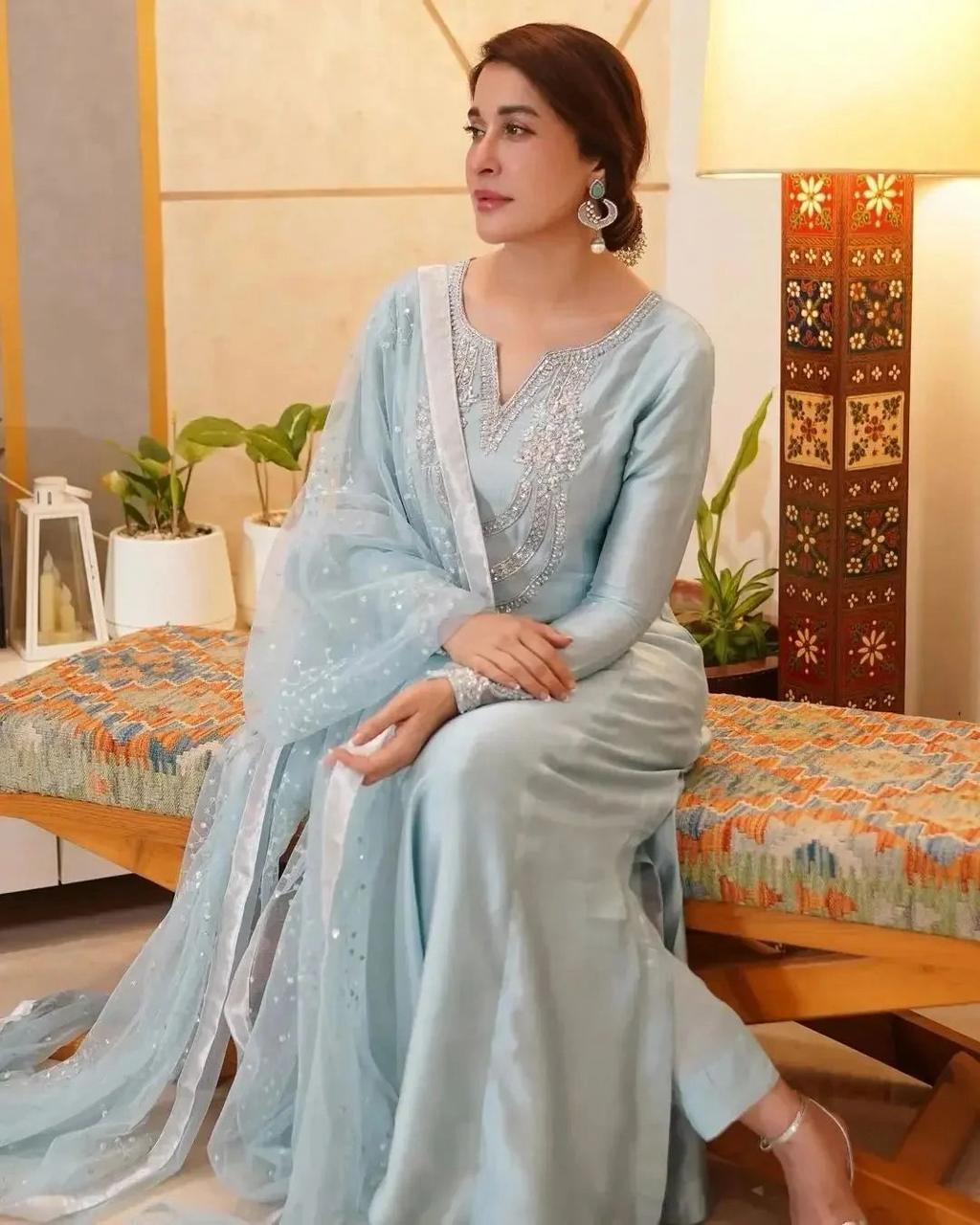 Silk Embroidered Unstitched 3 Piece Suit with Sequin Net Dupatta, Powder Blue (view 4)