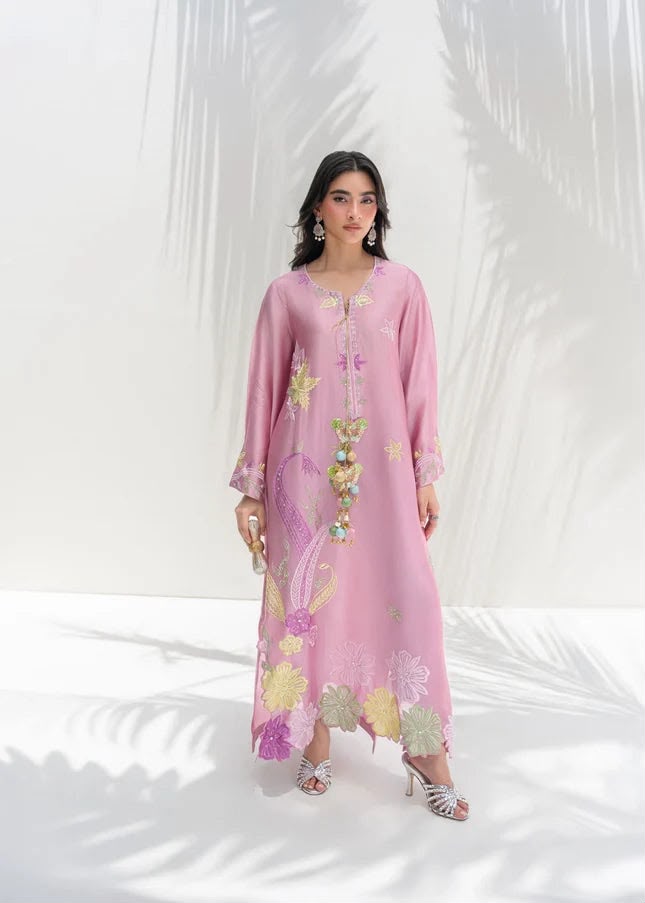 Silk Floral Appliqué Embroidered Unstitched 2 Piece Suit, Lilac Pink