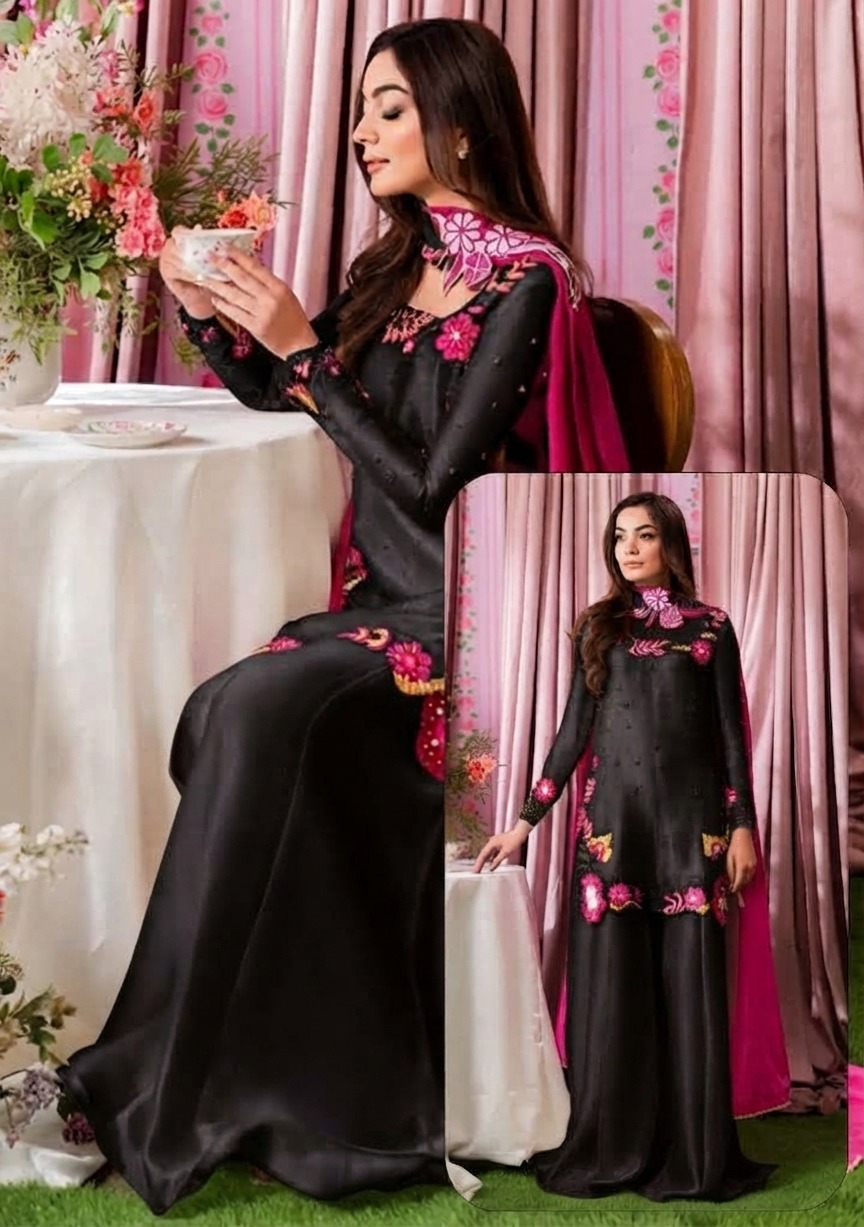 Silk Floral Appliqué Embroidered Unstitched 3 Piece Suit with Ombre Dupatta, Black