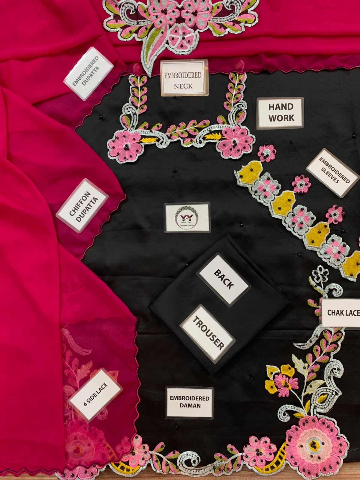 Silk Floral Appliqué Embroidered Unstitched 3 Piece Suit with Ombre Dupatta, Black (view 2)