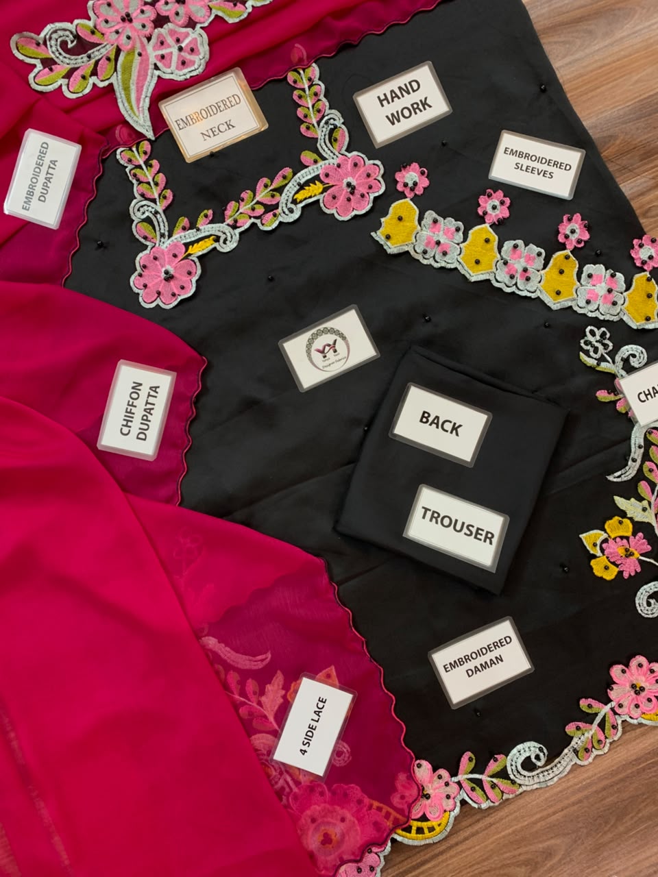 Silk Floral Appliqué Embroidered Unstitched 3 Piece Suit with Ombre Dupatta, Black (view 3)
