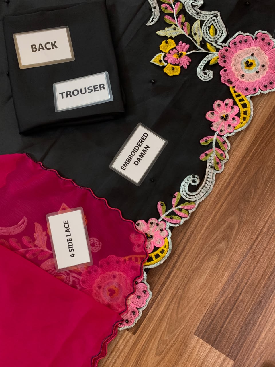 Silk Floral Appliqué Embroidered Unstitched 3 Piece Suit with Ombre Dupatta, Black (view 4)