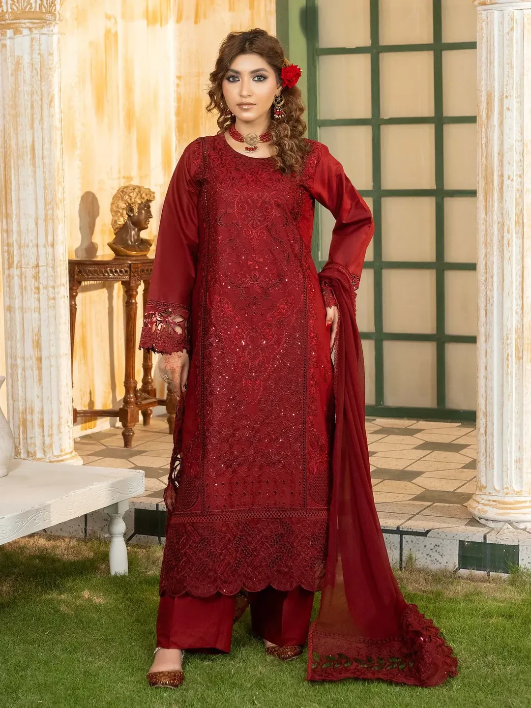 Simt - U3B Maroon Embroidered Lawn Suit for Women – 3 Pcs Set