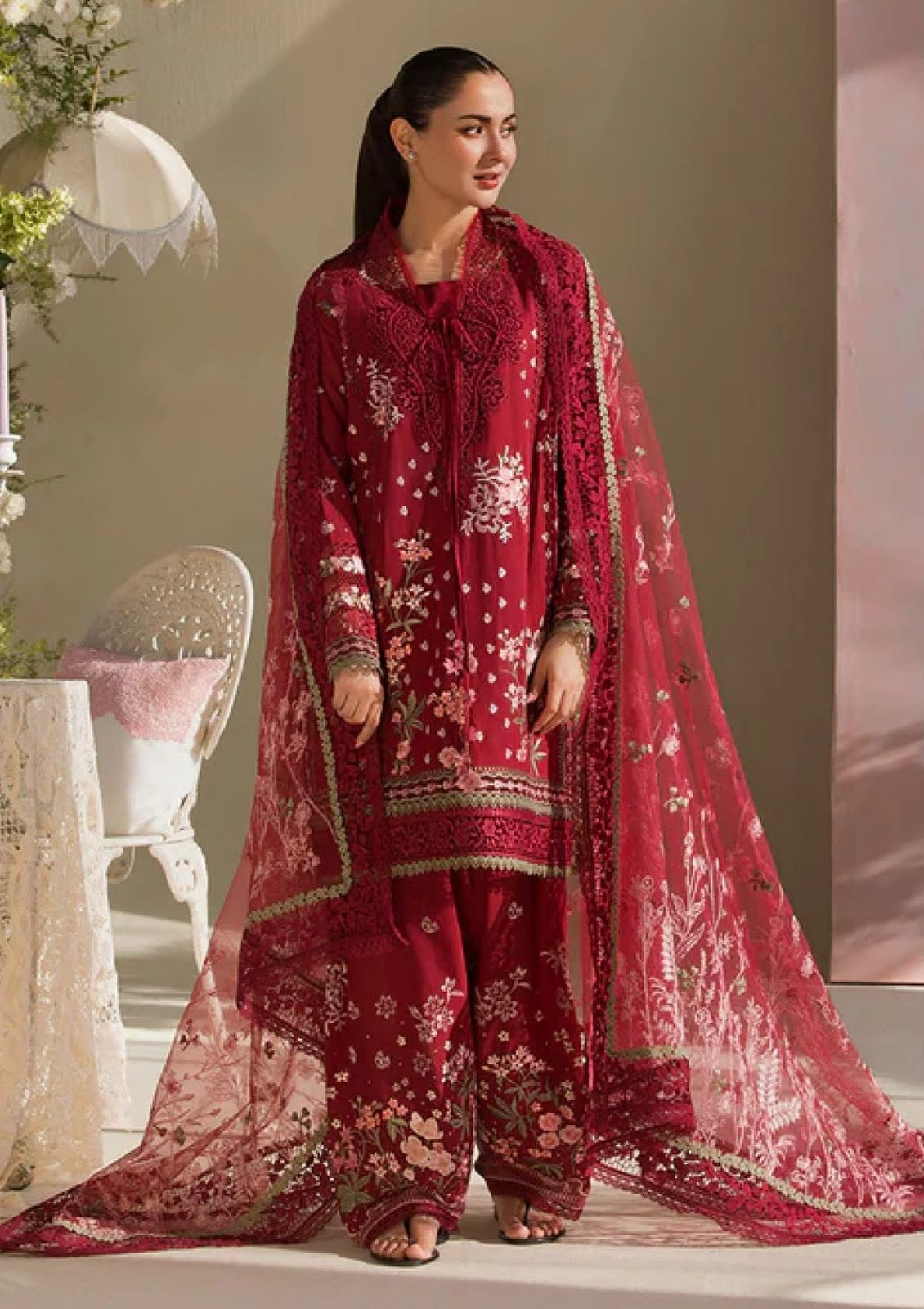 Sobia Nazeer Luxury Embroidered Dhanak Suit, Red
