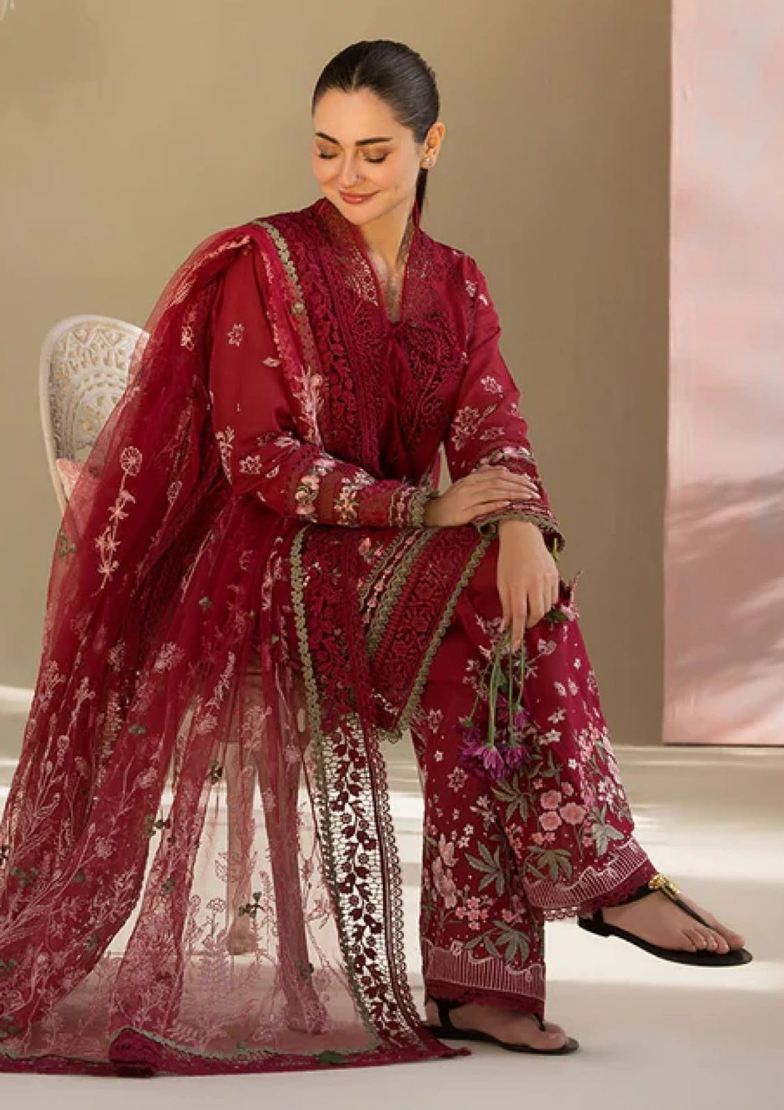 Sobia Nazeer Luxury Embroidered Dhanak Suit, Red (view 3)
