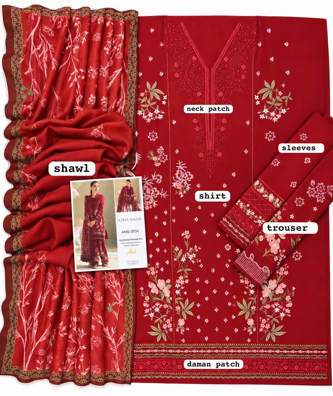 Sobia Nazeer Luxury Embroidered Dhanak Suit, Red (view 4)