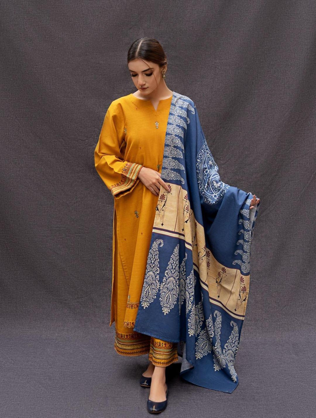 Unstitched 3-Piece Dhanak Wool Suit – Mustard
