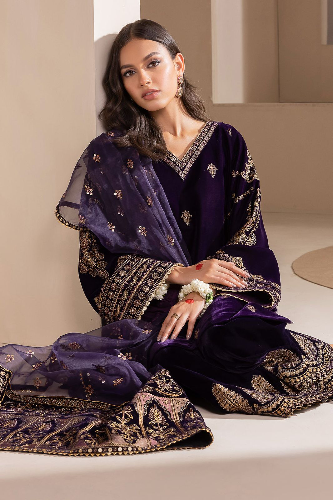 Velvet Embroidered Unstitched 3 Piece Suit with Sequin Organza Dupatta, Aubergine Purple (view 2)
