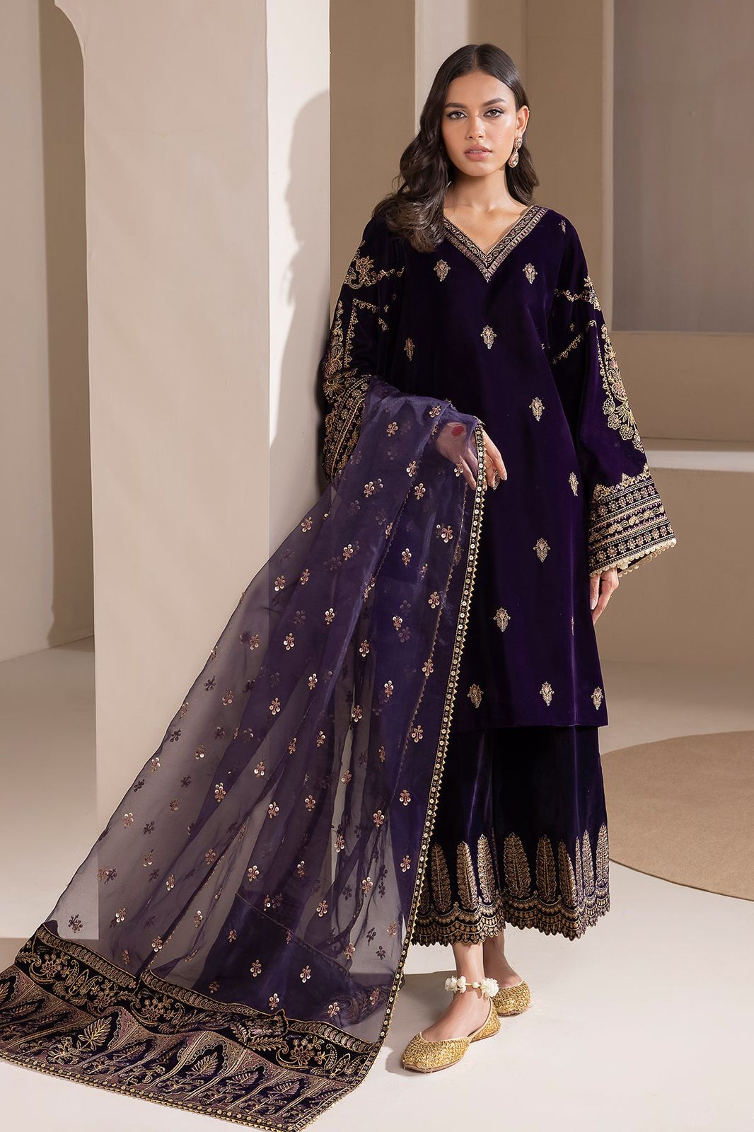 Velvet Embroidered Unstitched 3 Piece Suit with Sequin Organza Dupatta, Aubergine Purple (view 3)