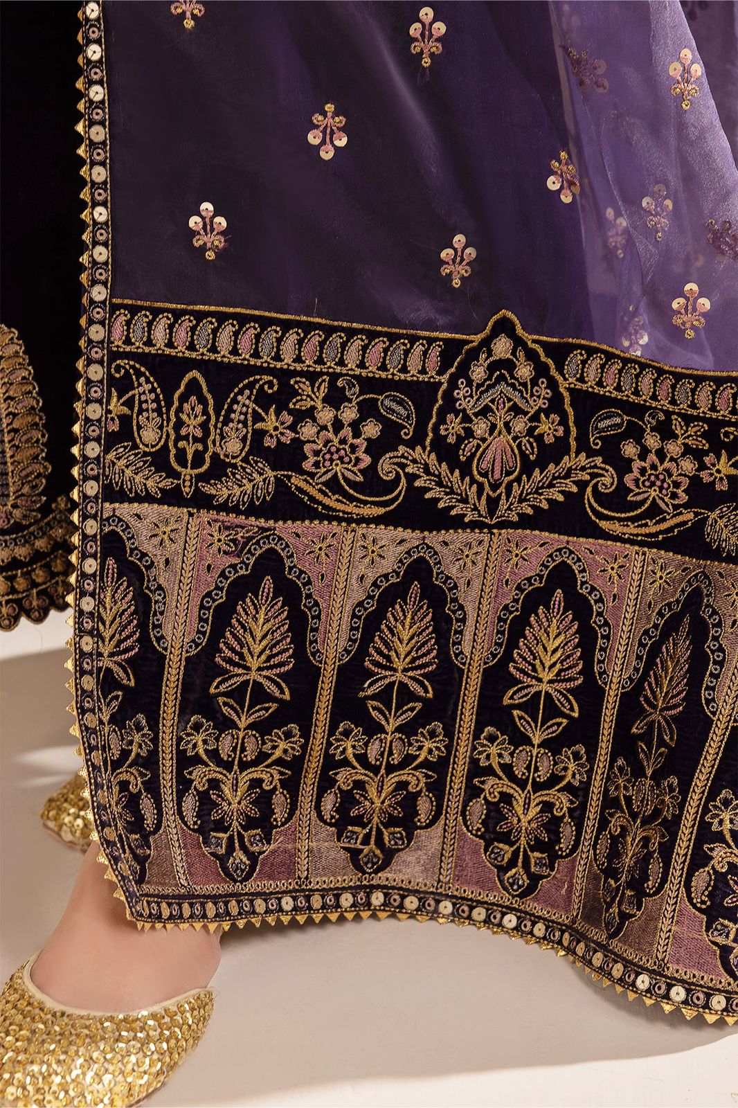 Velvet Embroidered Unstitched 3 Piece Suit with Sequin Organza Dupatta, Aubergine Purple (view 4)