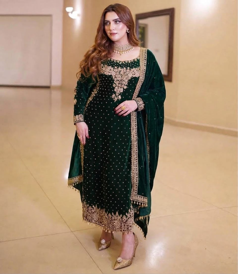 Velvet Embroidered Unstitched 3 Piece Suit with Embroidered Velvet Shawl, Emerald Green