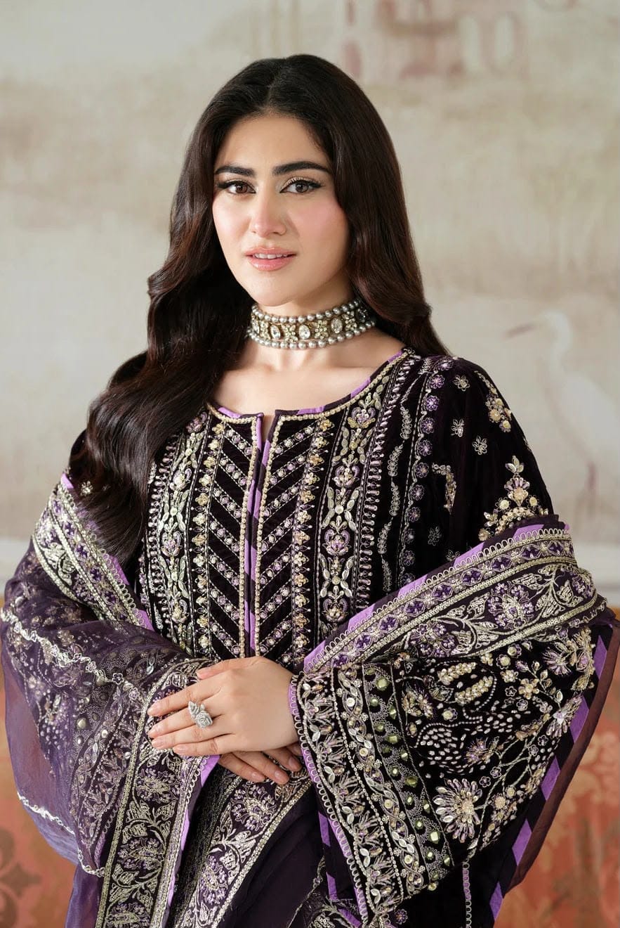 Velvet Heavy Embroidered Unstitched 3 Piece Suit with Embroidered Organza Dupatta, Plum (view 3)