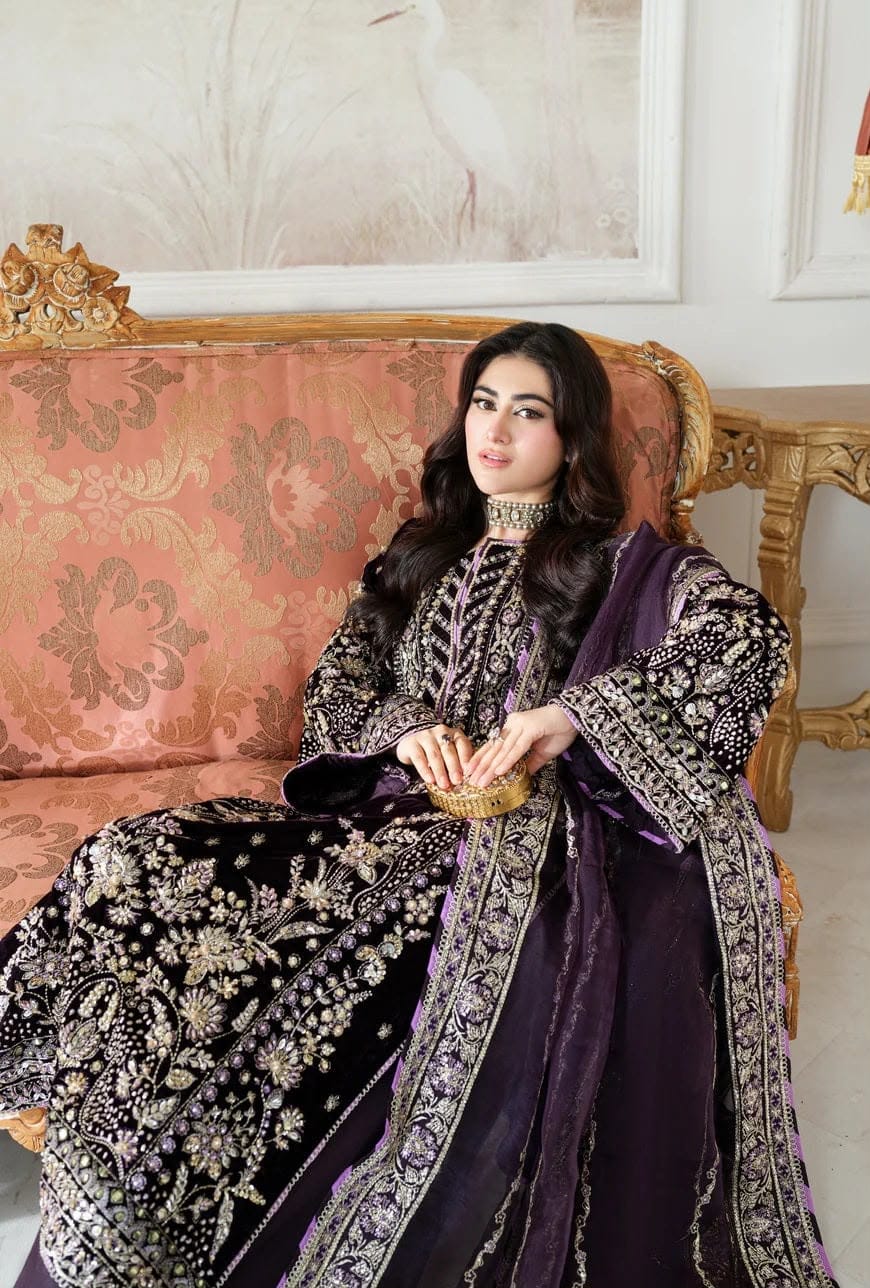 Velvet Heavy Embroidered Unstitched 3 Piece Suit with Embroidered Organza Dupatta, Plum (view 4)