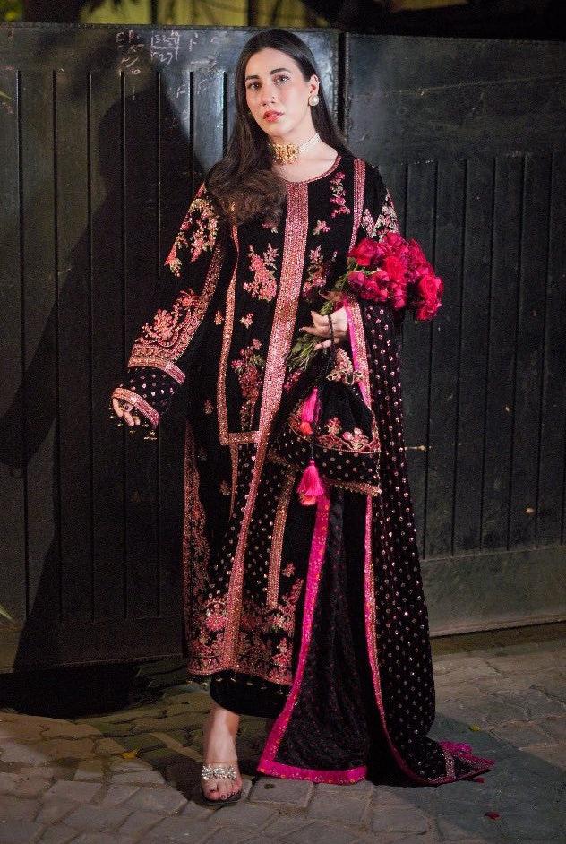 Velvet Heavy Embroidered Unstitched 3 Piece Suit with Sequin Velvet Shawl, Black & Fuchsia (view 3)