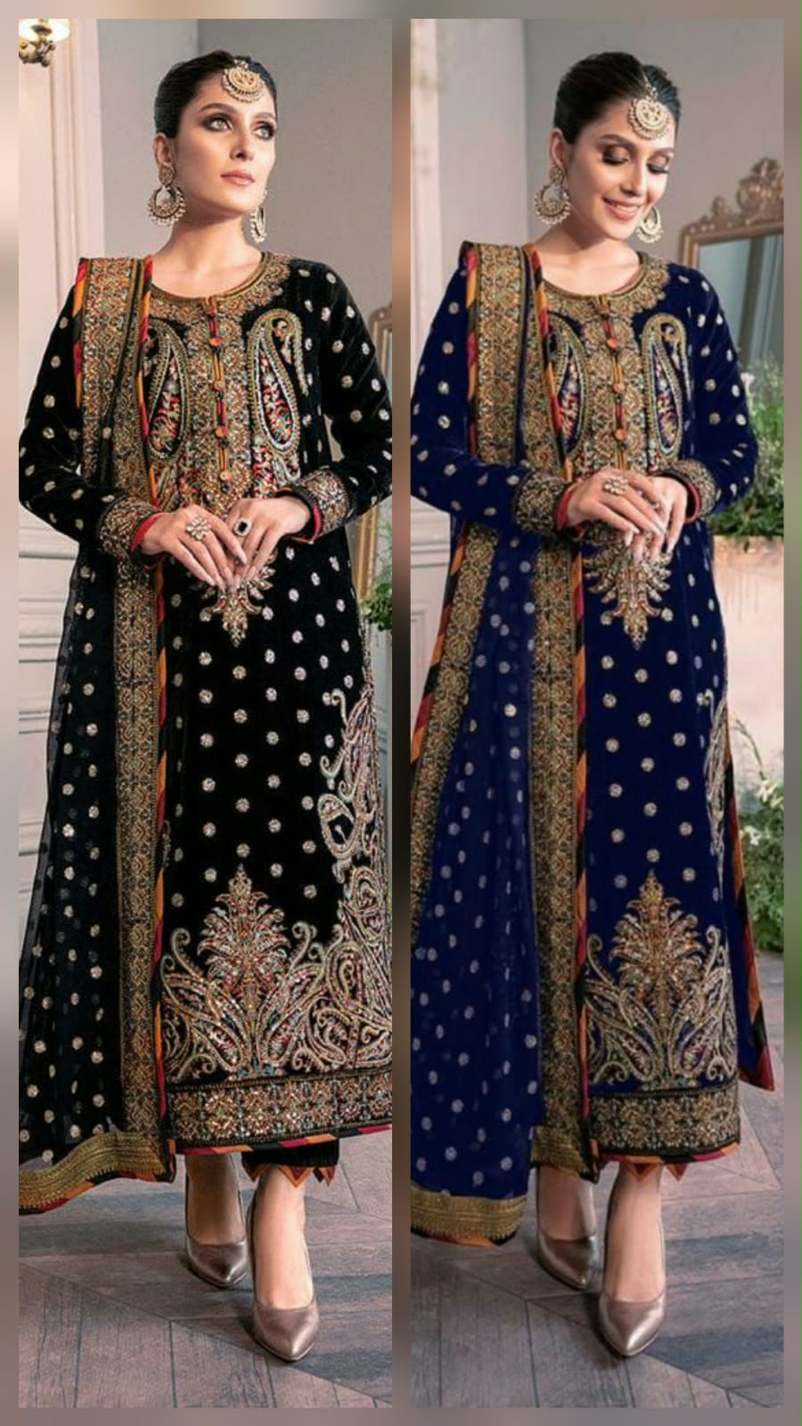 Velvet Paisley Embroidered Unstitched 3 Piece Suit with Chiffon Dupatta, Black & Navy Blue