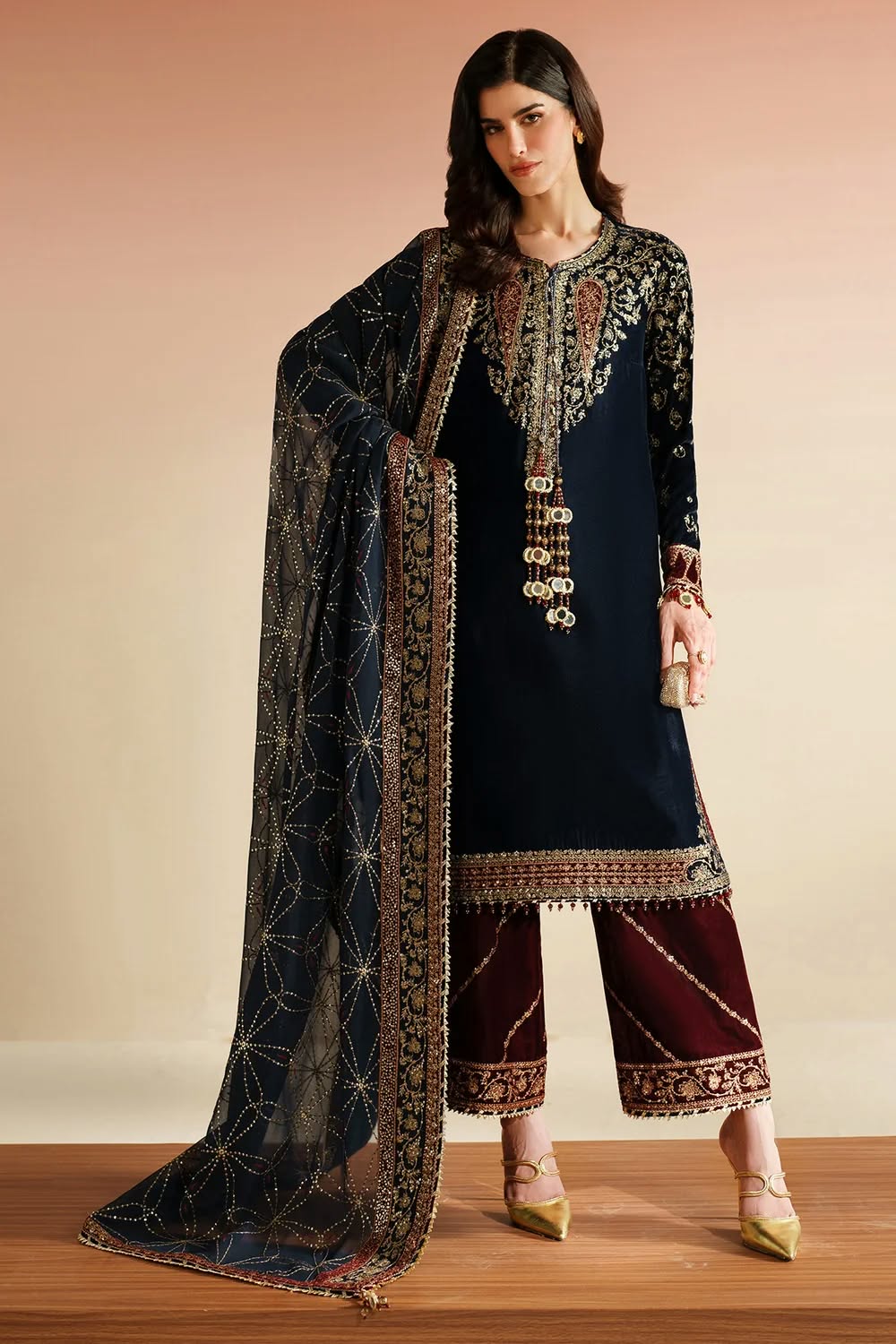 Velvet Zari Embroidered Unstitched 3 Piece Suit with Sequin Organza Dupatta, Navy Blue
