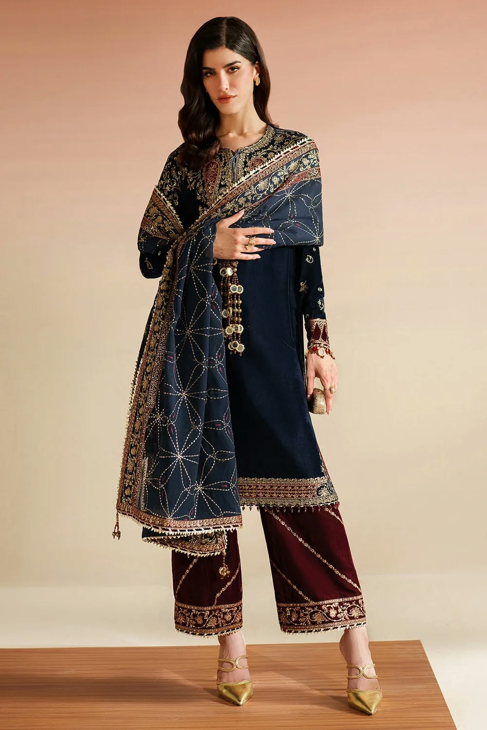 Velvet Zari Embroidered Unstitched 3 Piece Suit with Sequin Organza Dupatta, Navy Blue (view 2)