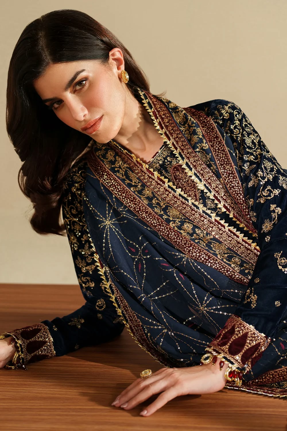Velvet Zari Embroidered Unstitched 3 Piece Suit with Sequin Organza Dupatta, Navy Blue (view 4)