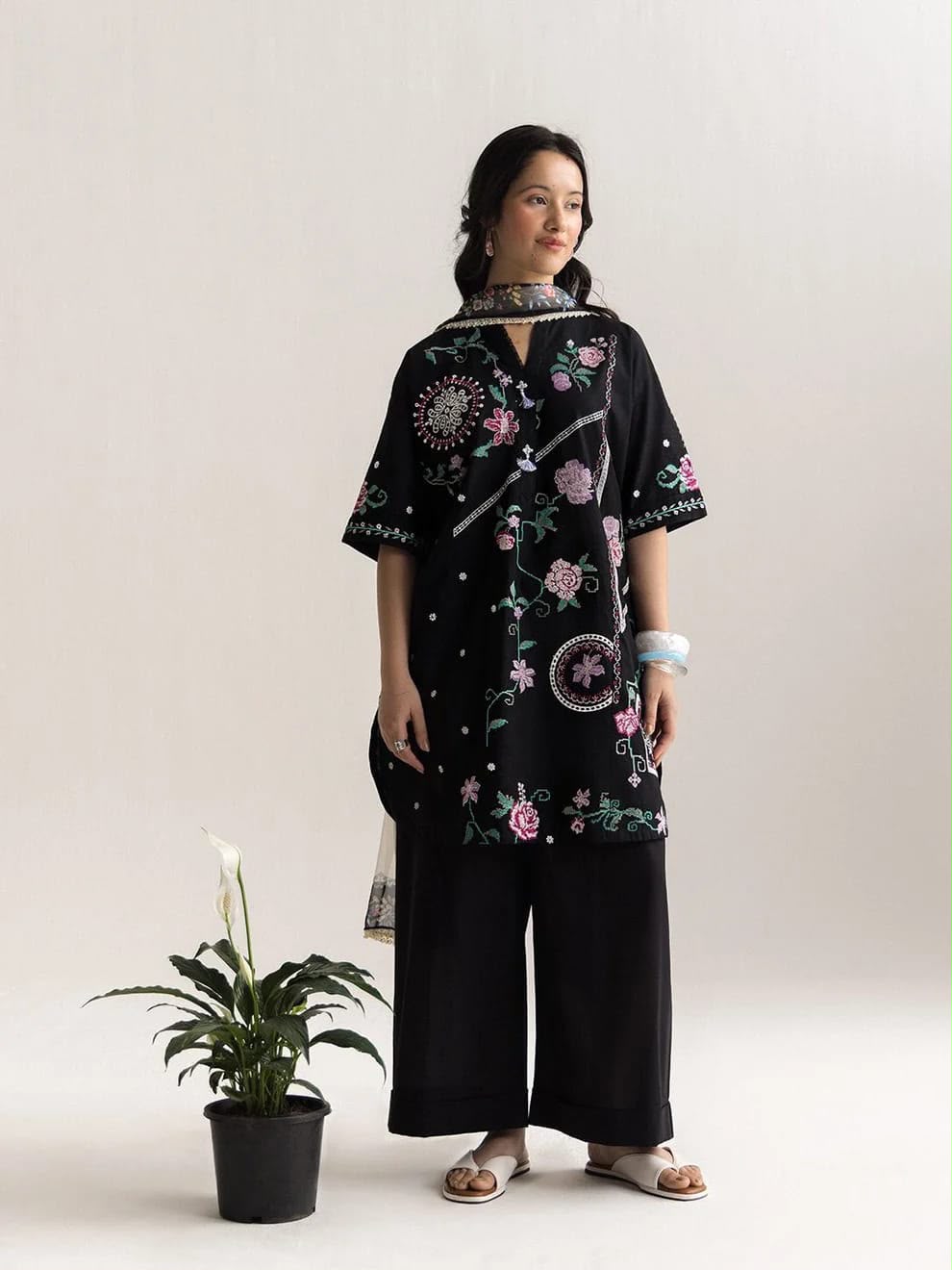 Winter Collection – Heavy Cross Stitch Embroidered Dhanak Suit, Black