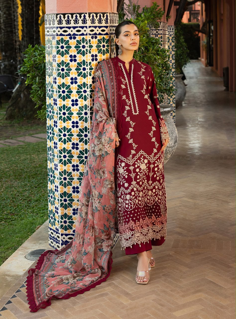 Zainab Chottani Airjet Dhanak Heavy Embroidered Unstitched 3 Piece Suit 2208 with Digital Printed Wool Shawl, Maroon