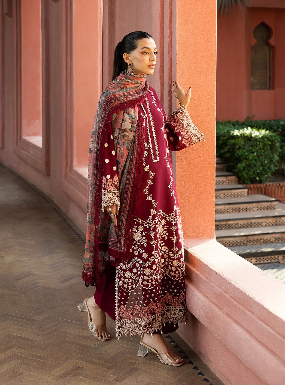 Zainab Chottani Airjet Dhanak Heavy Embroidered Unstitched 3 Piece Suit 2208 with Digital Printed Wool Shawl, Maroon (view 2)