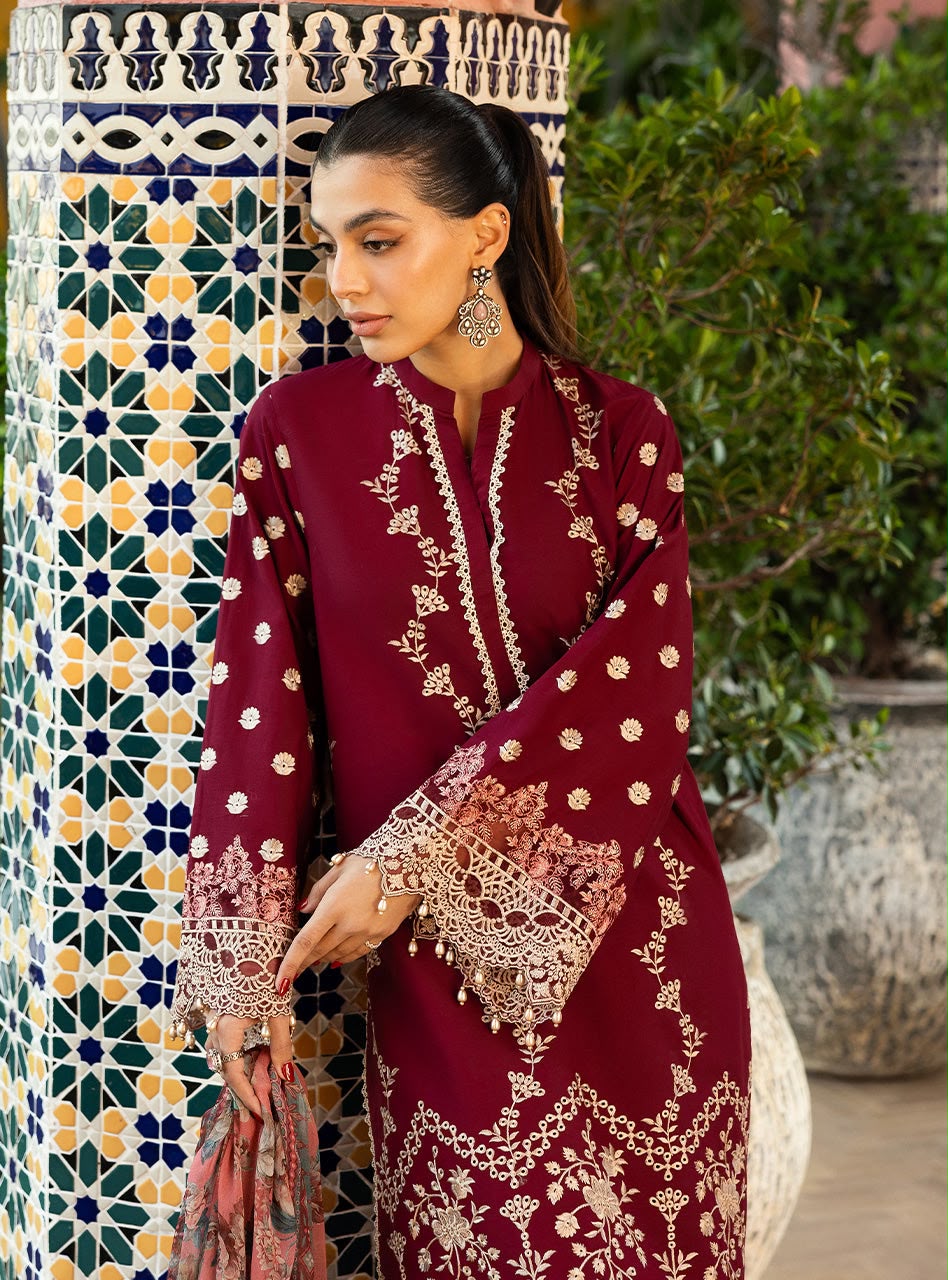 Zainab Chottani Airjet Dhanak Heavy Embroidered Unstitched 3 Piece Suit 2208 with Digital Printed Wool Shawl, Maroon (view 3)