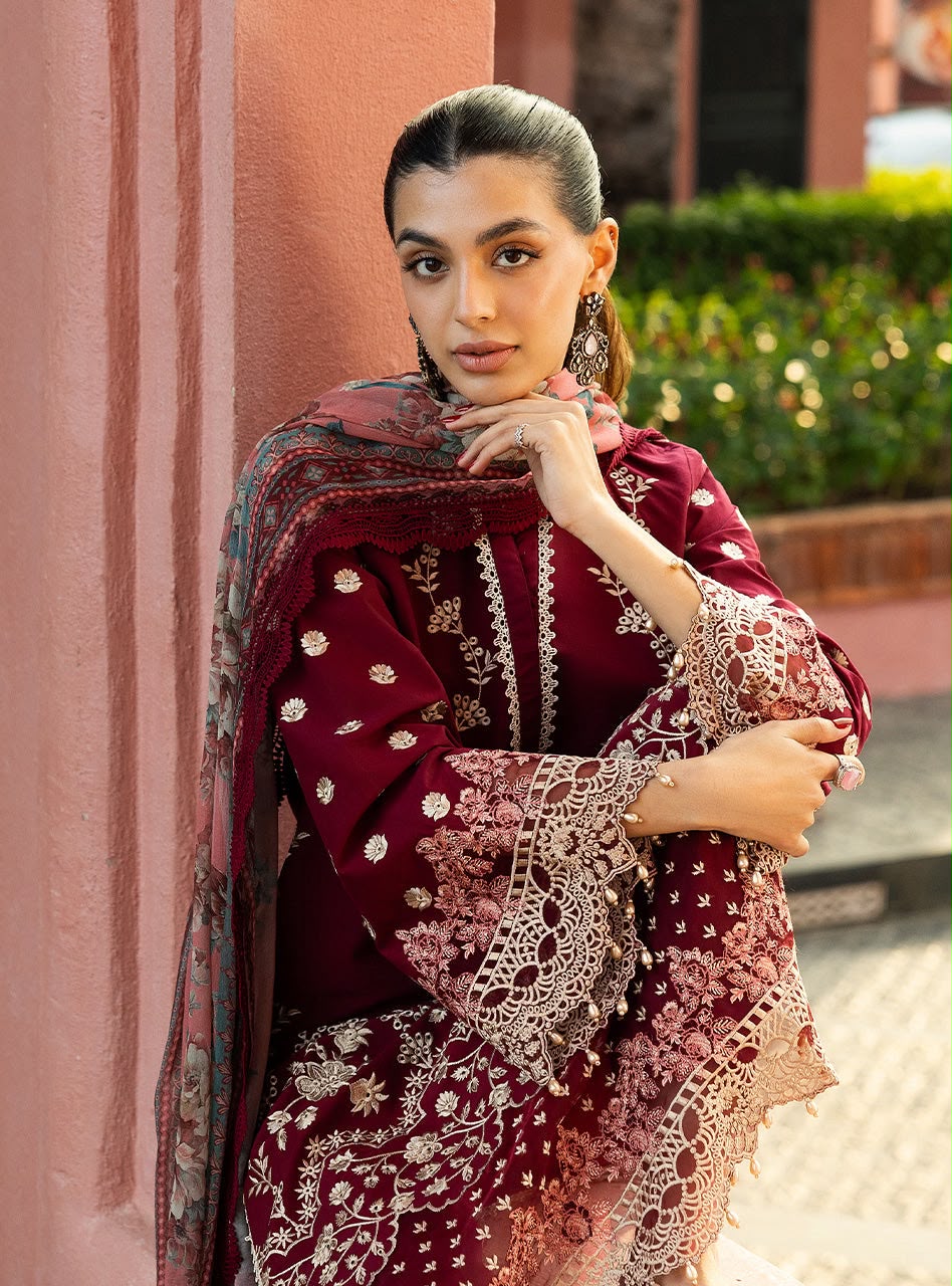 Zainab Chottani Airjet Dhanak Heavy Embroidered Unstitched 3 Piece Suit 2208 with Digital Printed Wool Shawl, Maroon (view 4)