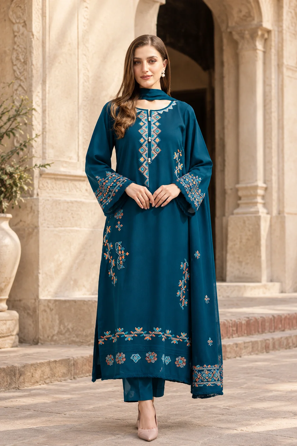 Zara Shahjahan D-89 – Embroidered Airjet Dhanak Suit with Digital Wool Shawl, Teal