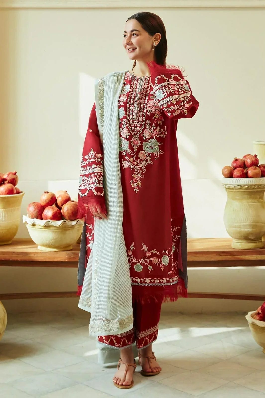 Zara Shahjahan Dhanak Embroidered Hit Code Suit, Red (view 2)