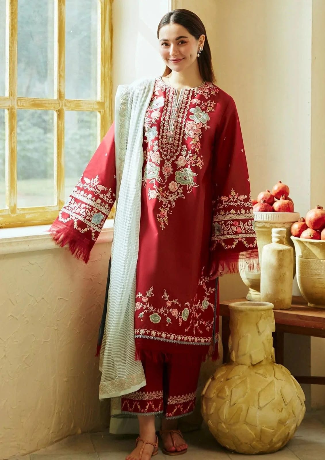 Zara Shahjahan Dhanak Embroidered Hit Code Suit, Red
