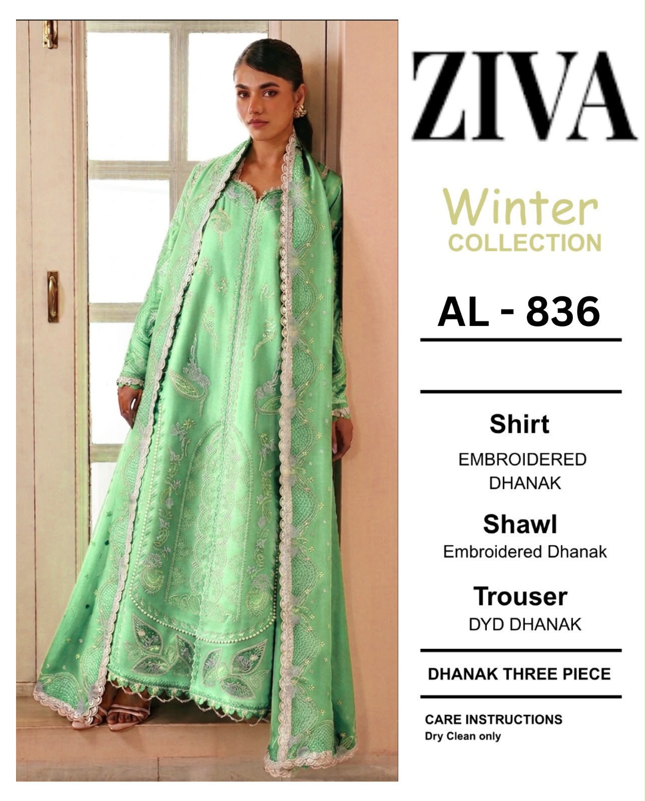 Ziva Winter Collection AL-836 – Embroidered Dhanak Suit, Mint Green
