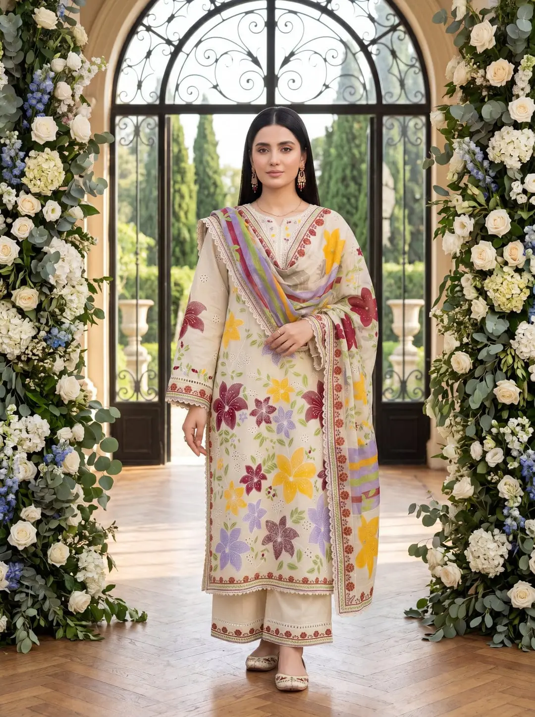 3 Pcs Women's Stitched Cotton Lawn Embroidered Kaftan Suit — Beige