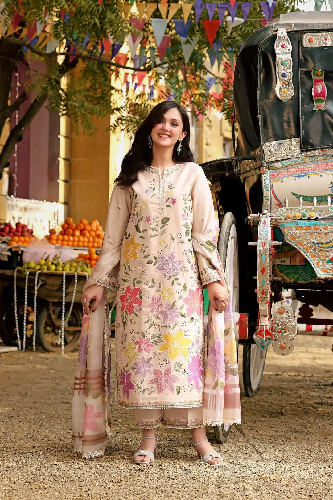 3 Pcs Women's Stitched Linen Embroidered Suit — Beige