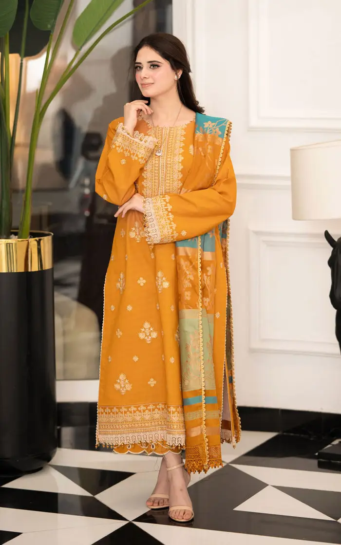 3 Pcs Women's Stitched Linen Embroidered Suit — Golden