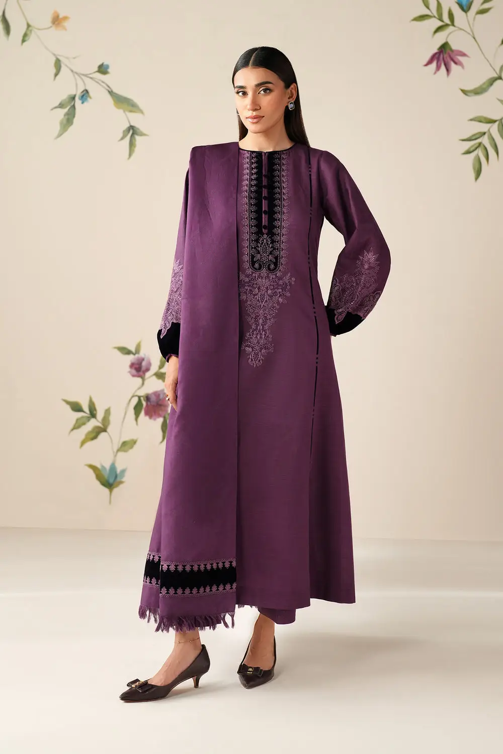 3 Pcs Women's Unstitched Dyed Suit — Purple Dhanak Patch Work