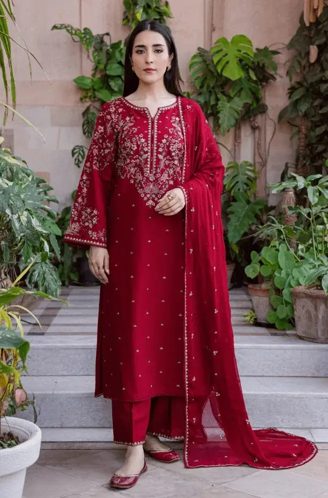 3 Pcs Women's Unstitched Embroidered Suit — Maroon Dhanak Winter 2026