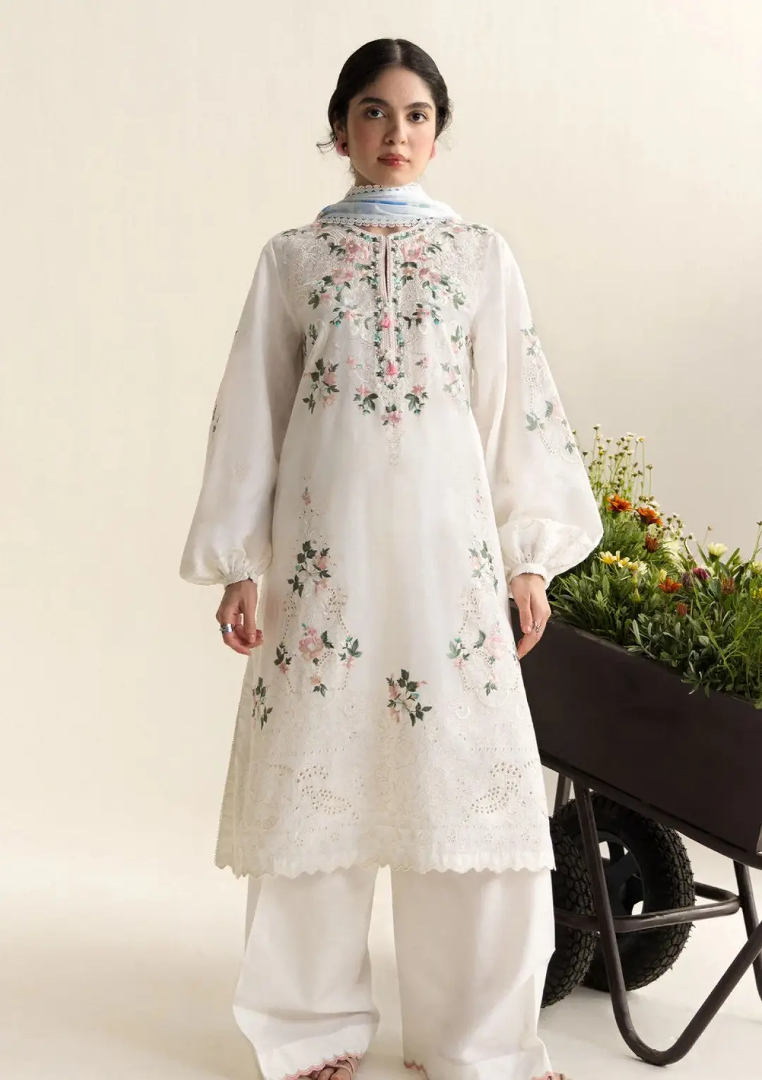 3 Pcs Women's Unstitched Embroidered Suit — Off White Dhanak with Wool Shawl