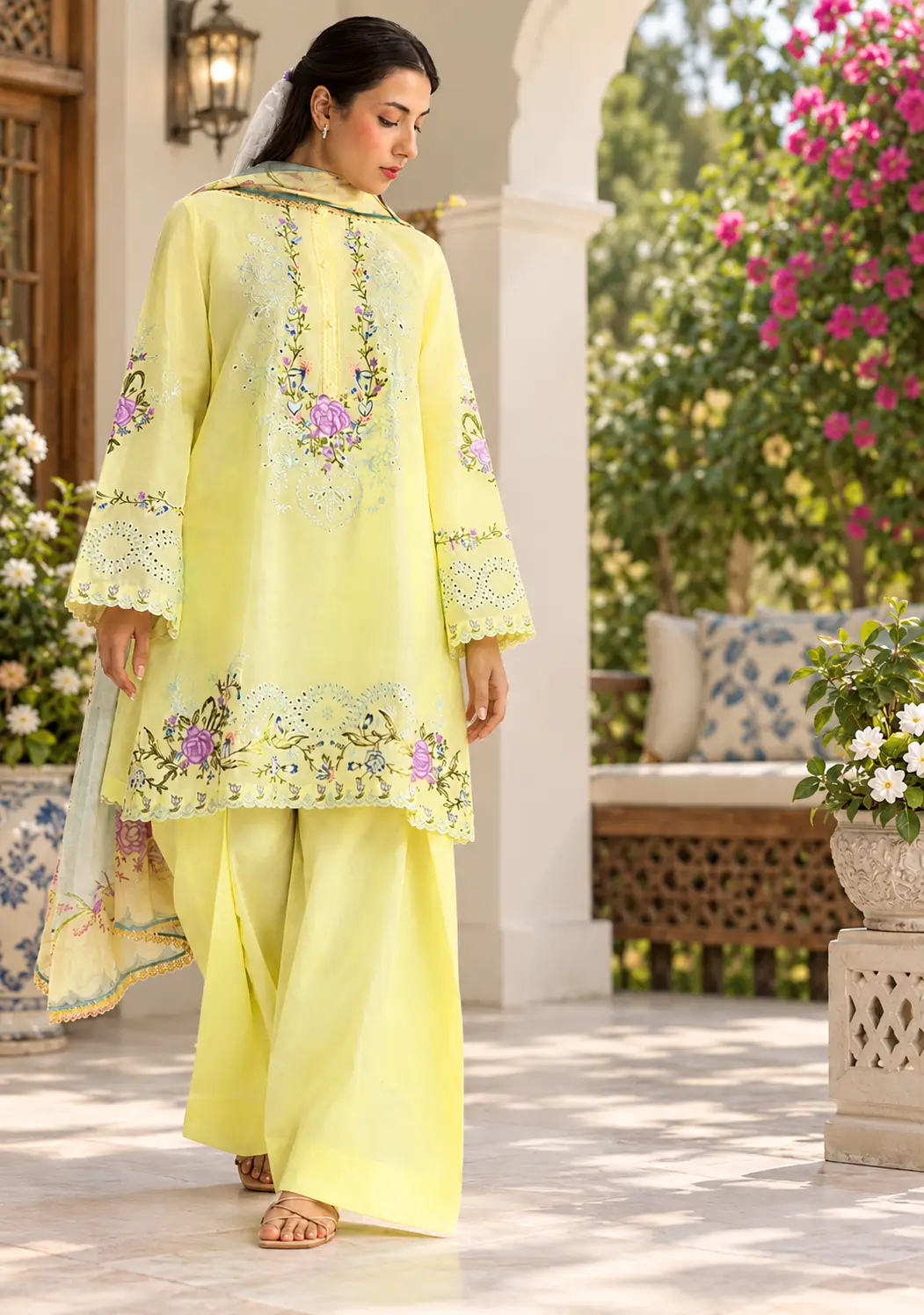 3 Pcs Women's Unstitched Embroidered Suit — Yellow Chikankari Dhanak
