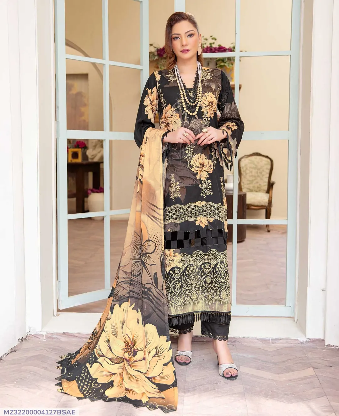 3 Pcs Women's Unstitched Printed Suit — Black Dobby Lawn Embroidered Neckline